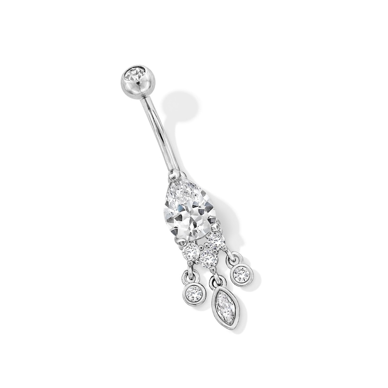 Main Image 1 of Stainless Steel CZ Oval Dangle Belly Ring - 14G 7/16&quot;