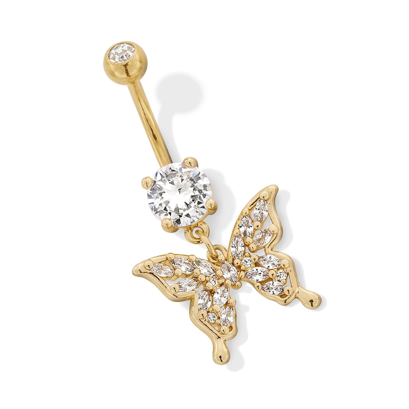 Main Image 1 of Yellow Ion Plated CZ Butterfly Dangle Belly Ring - 14G 3/8&quot;