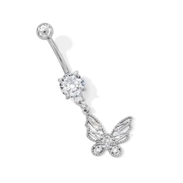 Stainless Steel CZ Butterfly Dangle Belly Ring - 14G 3/8&quot; 