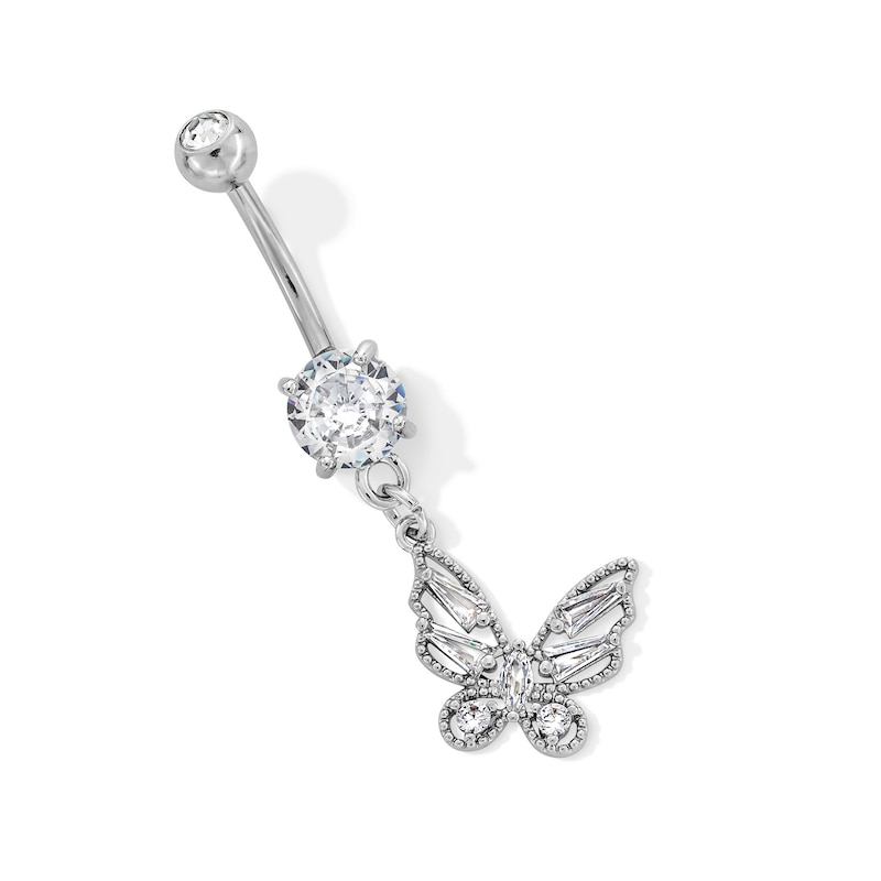 Main Image 1 of Stainless Steel CZ Butterfly Dangle Belly Ring - 14G 3/8&quot; 