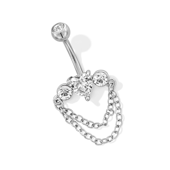 Stainless Steel CZ Bezel Heart Chain Dangle Belly Ring - 14G 3/8"