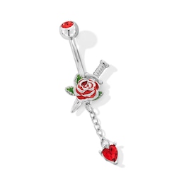 ​​​​​​​Stainless Steel Red CZ and Enamel Rose and Dagger Dangle Belly Ring - 14G 3/8&quot;