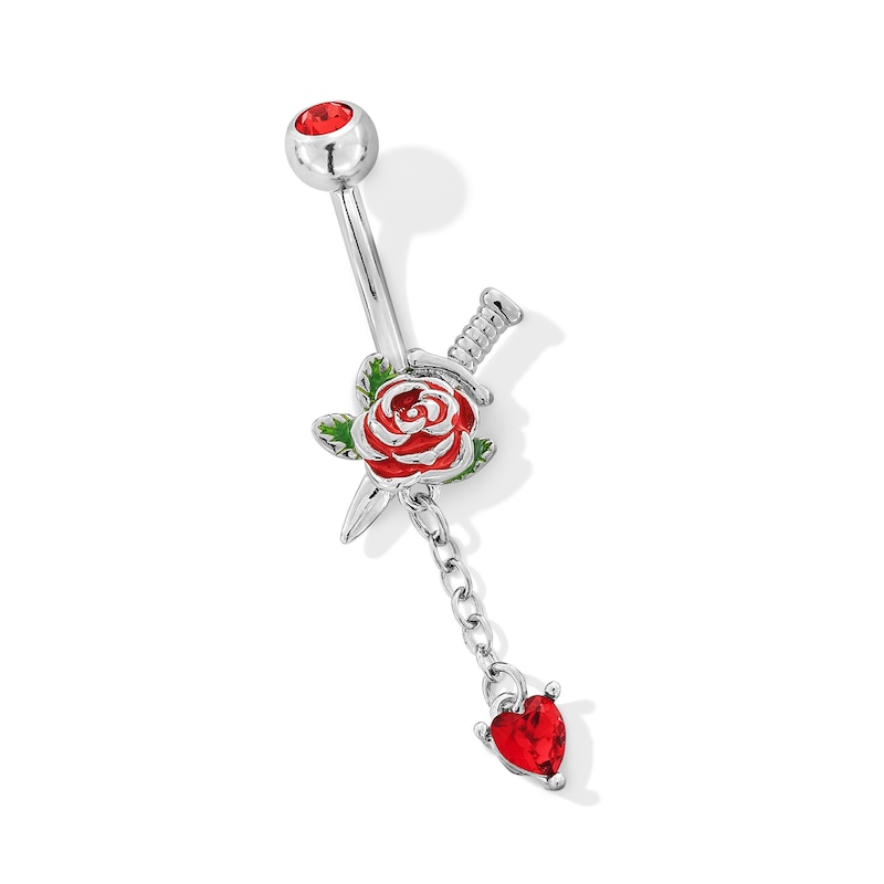 Main Image 1 of ​​​​​​​Stainless Steel Red CZ and Enamel Rose and Dagger Dangle Belly Ring - 14G 3/8&quot;