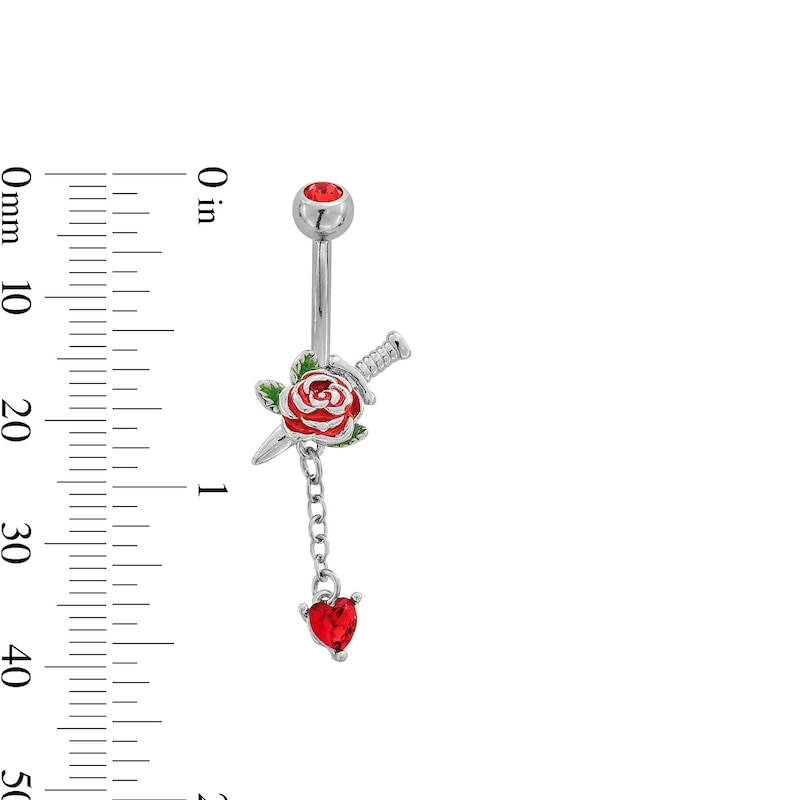 Main Image 2 of ​​​​​​​Stainless Steel Red CZ and Enamel Rose and Dagger Dangle Belly Ring - 14G 3/8&quot;