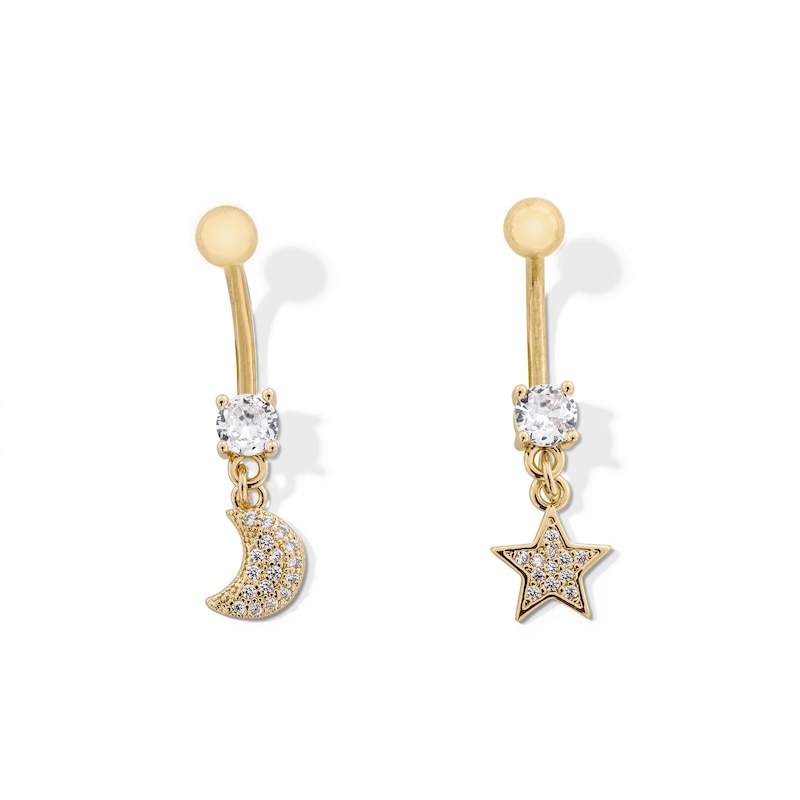 Main Image 1 of Yellow Ion Plated CZ and Simulated Crystal Star and Moon Belly Ring Set - 14G 7/16&quot;