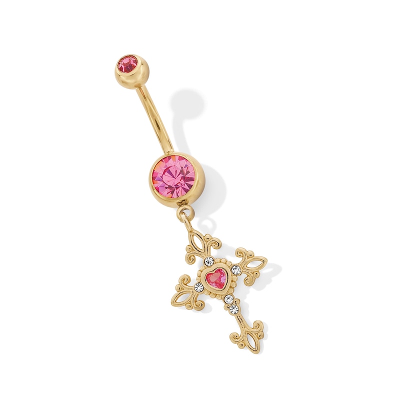 Main Image 1 of ​​​​​​​Yellow Ion Plated Pink CZ Cross Dangle Belly Ring - 14G 3/8&quot;