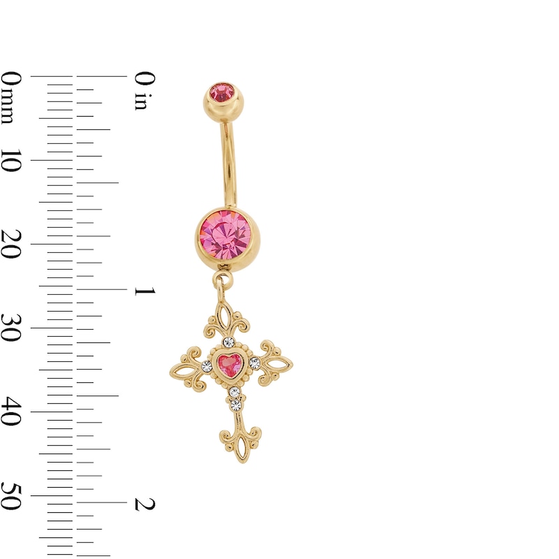 Main Image 2 of ​​​​​​​Yellow Ion Plated Pink CZ Cross Dangle Belly Ring - 14G 3/8&quot;