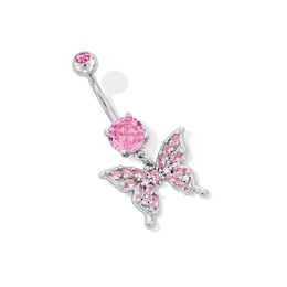 Stainless Steel Pink CZ Butterfly Dangle Belly Ring - 14G 3/8&quot;