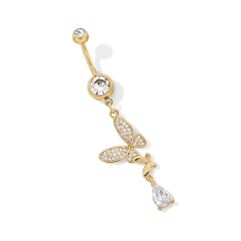 Main Image 1 of Yellow Ion Plated CZ Pear and Butterfly Dangle Belly Ring - 14G 3/8&quot;