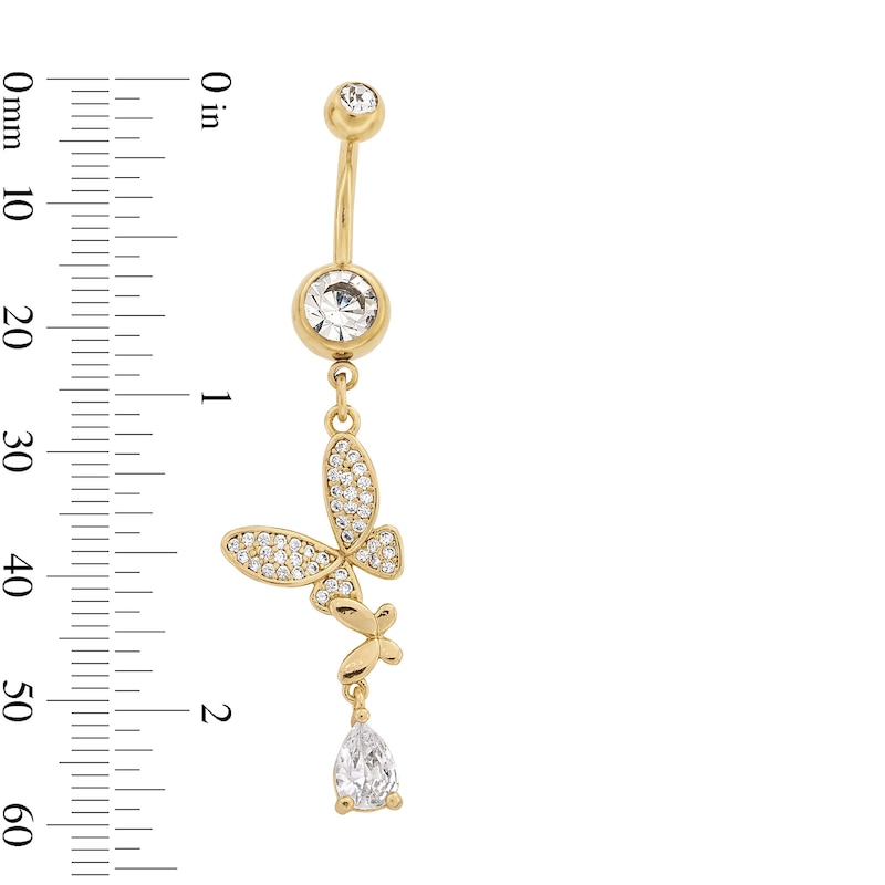 Main Image 2 of Yellow Ion Plated CZ Pear and Butterfly Dangle Belly Ring - 14G 3/8&quot;