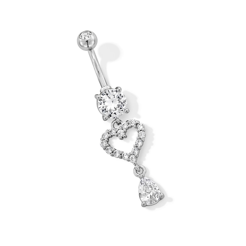 Main Image 1 of Stainless Steel CZ Heart Dangle Belly Ring - 14G 3/8&quot;