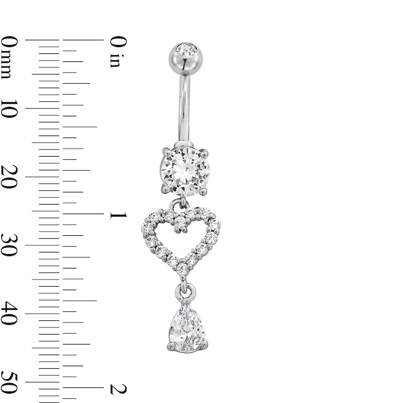 Main Image 2 of Stainless Steel CZ Heart Dangle Belly Ring - 14G 3/8&quot;