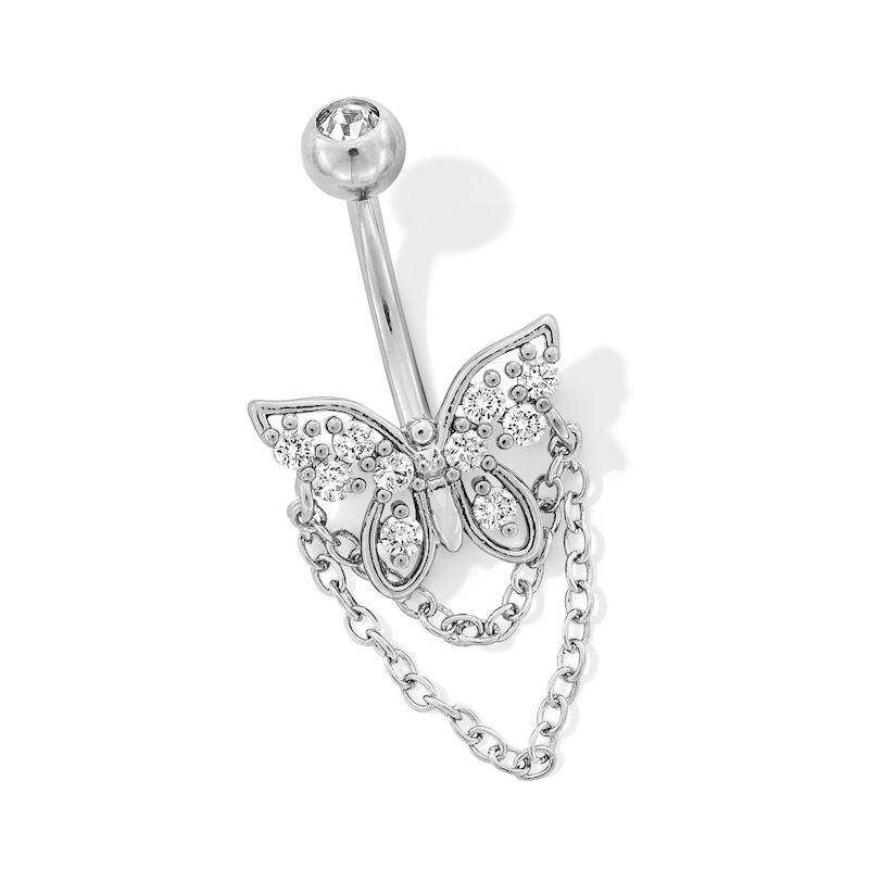 Main Image 1 of Stainless Steel CZ Butterfly Chain Dangle Belly Ring - 14G 7/16&quot;