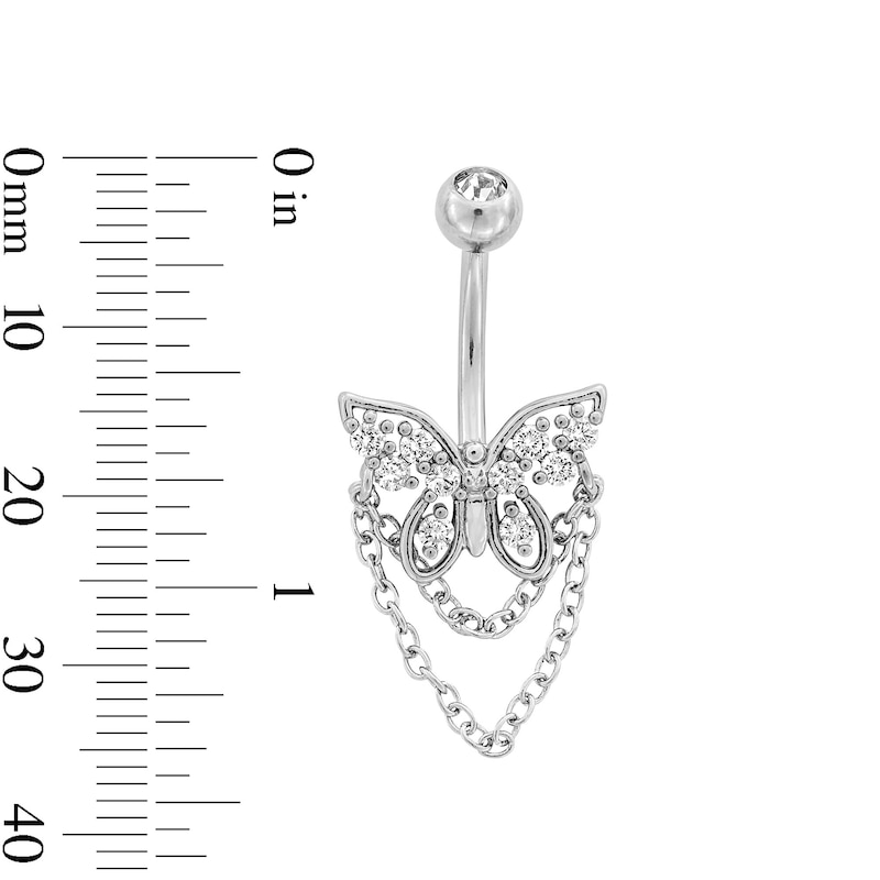 Main Image 2 of Stainless Steel CZ Butterfly Chain Dangle Belly Ring - 14G 7/16&quot;