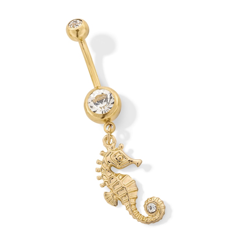 Main Image 1 of Yellow Ion Plated Glass Stone Seahorse Dangle Belly Ring - 14G 3/8&quot;