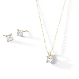 10K Gold CZ Square Studs and Pendant Set