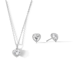 ​​​​​​​Sterling Silver CZ Heart Halo Studs and Pendant Set