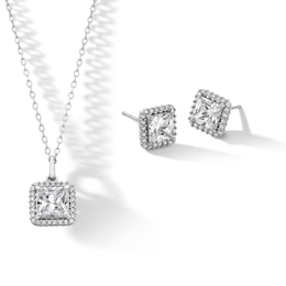 ​​​​​​​Sterling Silver CZ Square Halo Studs and Pendant Set