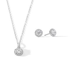 Sterling Silver CZ Round Halo Studs and Pendant Set