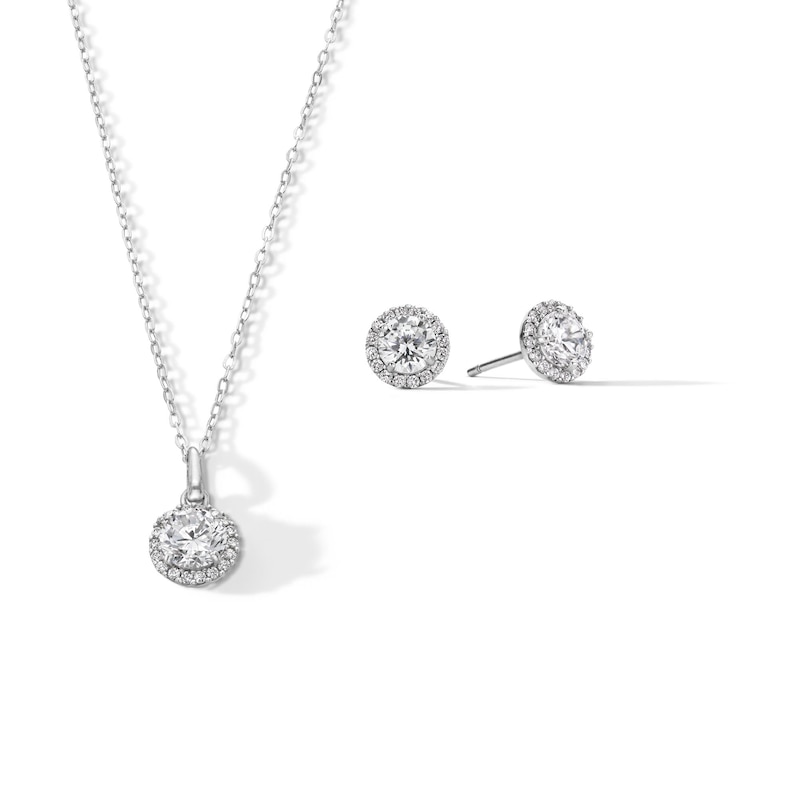 Main Image 1 of ​​​​​​​Sterling Silver CZ Round Halo Studs and Pendant Set