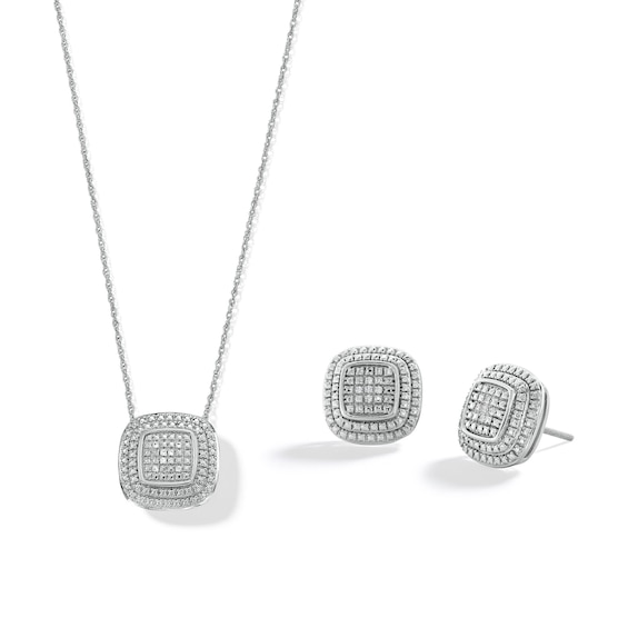 Sterling Silver 1/20 CT. T.W. Diamond Cushion Studs and Pendant Set