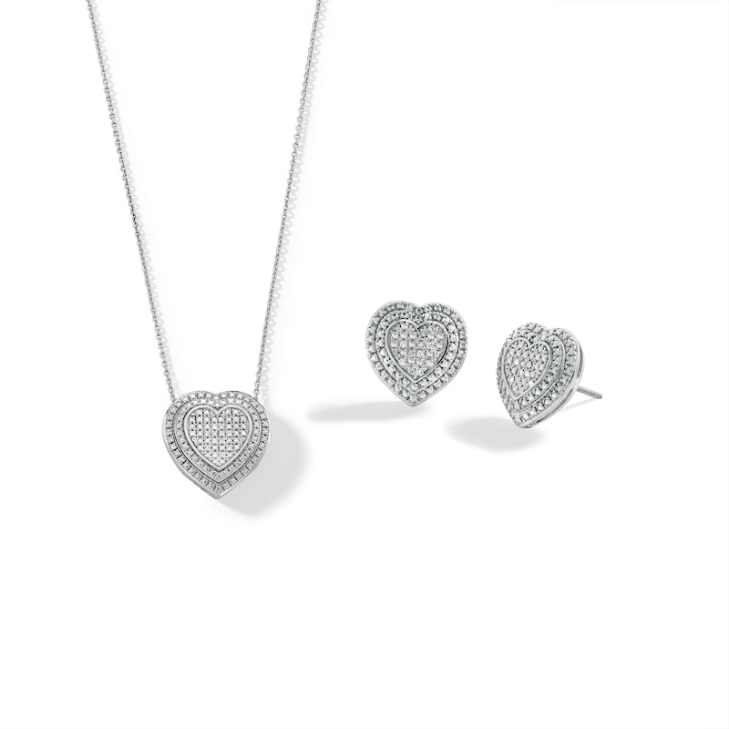 Main Image 1 of Sterling Silver 1/20 CT. T.W. Diamond Heart Studs and Pendant Set