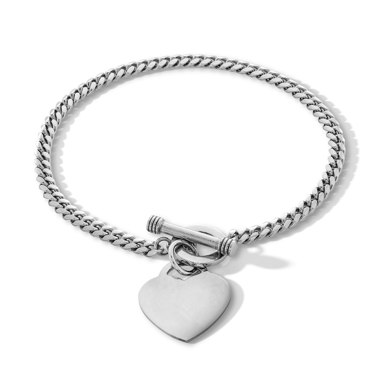 Main Image 1 of Sterling Silver Heart Charm Cuban Chain Bracelet Made in Italy - 7.5&quot;