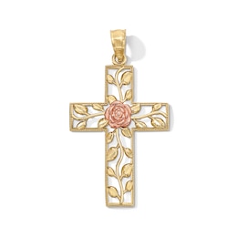 10K Gold Rose Center Cross Two-Tone Necklace Charm