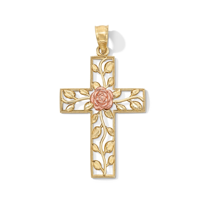 Main Image 1 of 10K Gold Rose Center Cross Two-Tone Necklace Charm