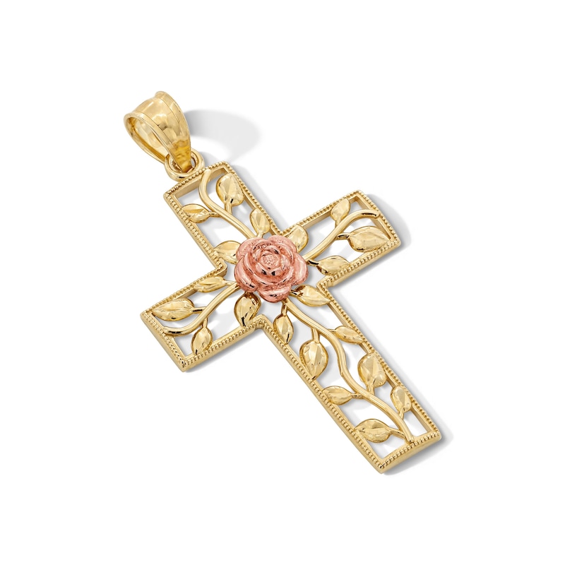 Main Image 4 of 10K Gold Rose Center Cross Two-Tone Necklace Charm