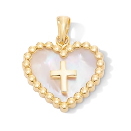 10K Gold Mother-of-Pearl Cross Inside Heart Necklace Charm