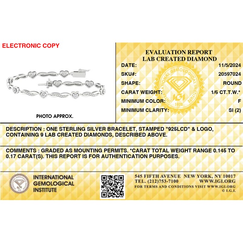 Main Image 3 of Sterling Silver 1/6 CT. T.W. Lab-Created Diamond Heart Bracelet - 7.25&quot;