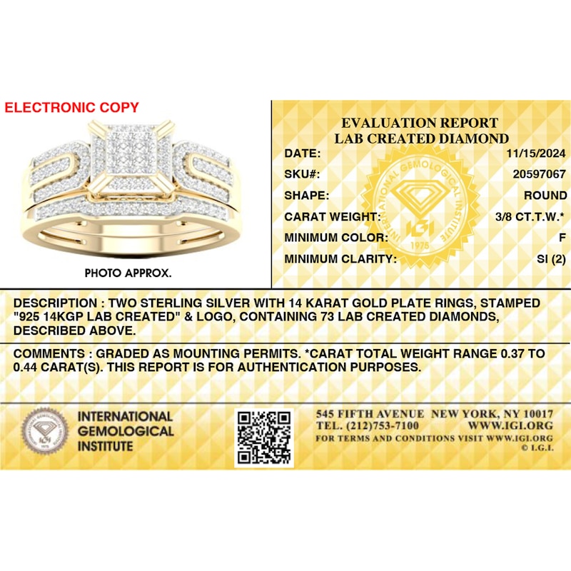 Main Image 7 of 14K Gold Plated 3/8 CT. T.W. Lab-Created Diamond Square Ring Set - Size 7