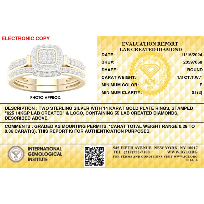 Main Image 8 of 14K Gold Plated 1/3 CT. T.W. Lab-Created Diamond Cushion Ring Set - Size  7