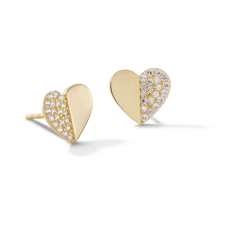 Main Image 1 of 10K Gold CZ Pavé and Polished Heart Studs