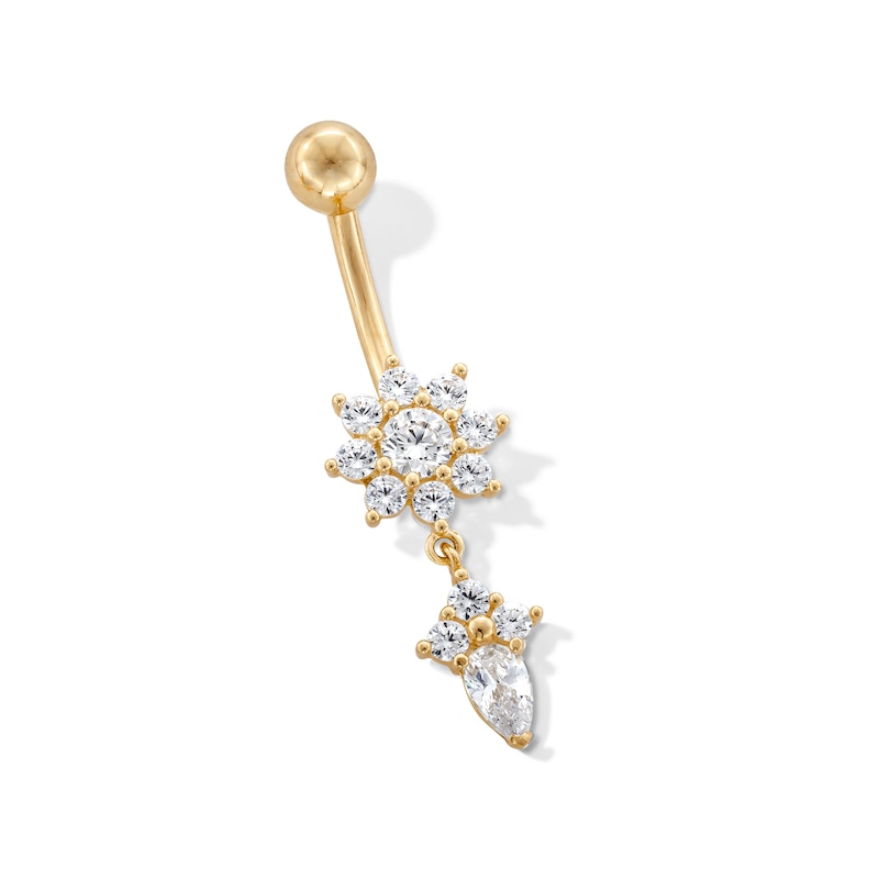 Main Image 1 of 10K Gold CZ Flower Dangle Belly Ring - 14G 9/16&quot;