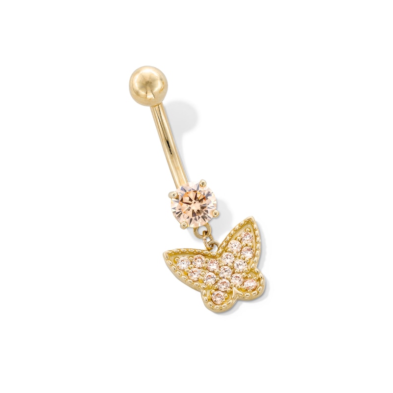 Main Image 1 of 10K Gold Champagne CZ Butterfly Dangle Belly Ring - 14G 9/16&quot;