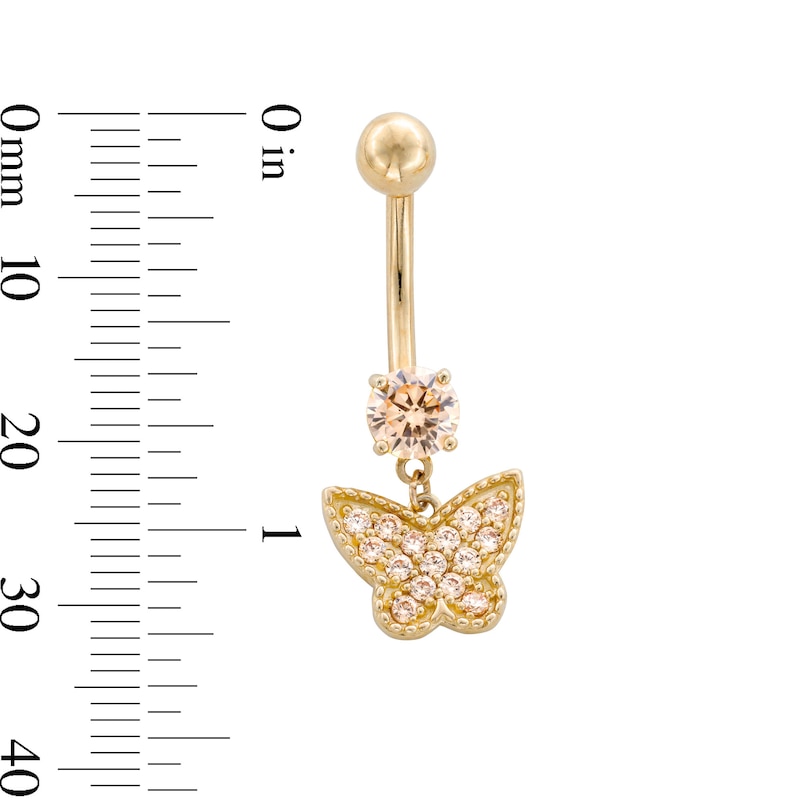 Main Image 2 of 10K Gold Champagne CZ Butterfly Dangle Belly Ring - 14G 9/16&quot;