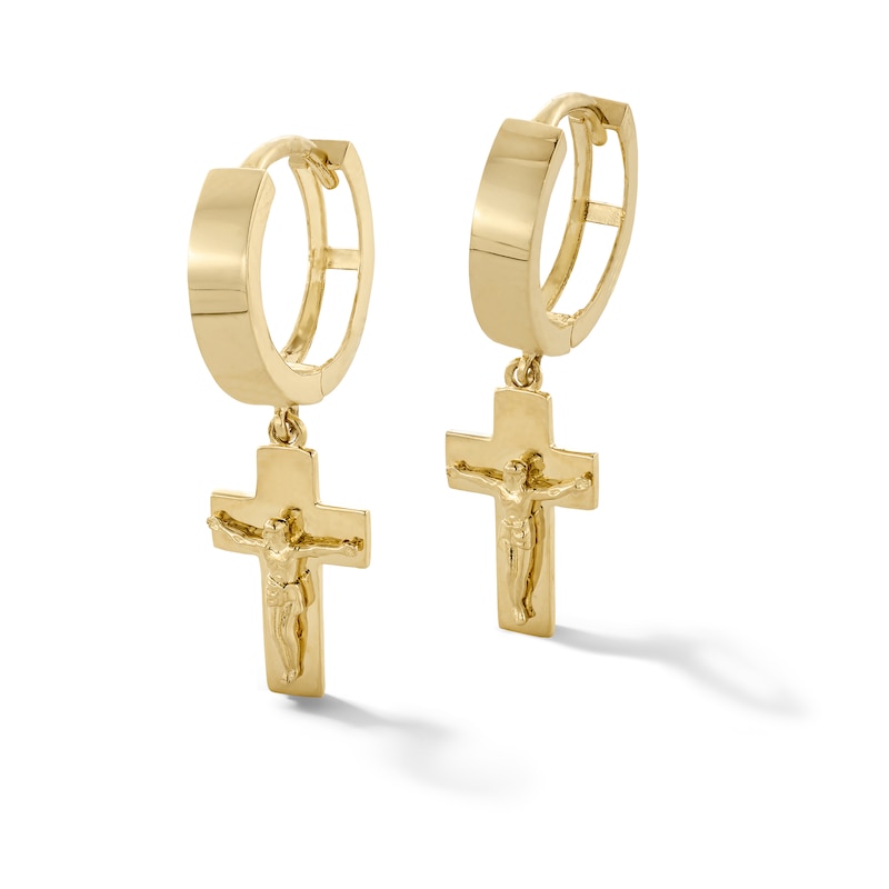 Main Image 1 of 10K Gold Crucifix Dangle Huggie Hoops