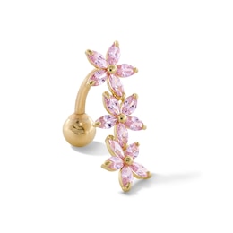 10K Gold CZ Pink Triple Flower Belly Button Ring - 14G 3/8"