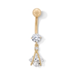 10K Gold CZ Square and Round Rope Dangle Belly Button Ring - 14G