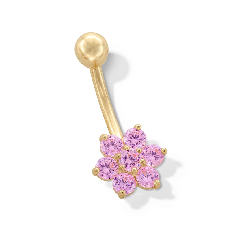 Main Image 1 of 10K Gold Pink CZ Flower Belly Ring - 14G 9/16&quot;