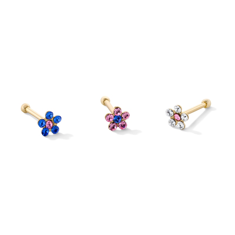 Main Image 1 of 14K Gold Crystal Multi-Color Flower Nose Stud Set - 22G