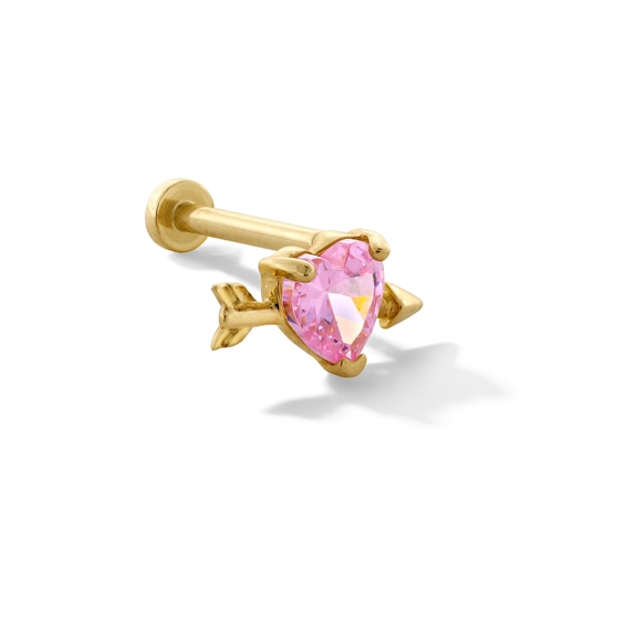 14K Gold Pink CZ Cupid Heart Stud - 18G 5/16"