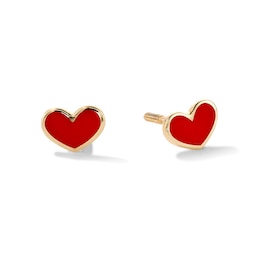 10K Gold Red Enamel Heart Studs