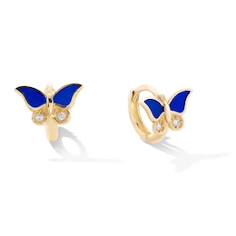 10K Gold CZ and Blue Enamel Butterfly Huggie Hoops