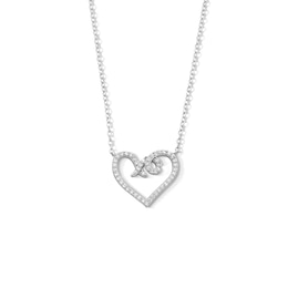 Sterling Silver CZ XO Heart Pendant - 16&quot; + 2&quot;