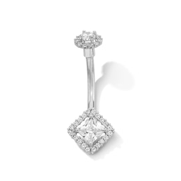 10K Solid White Gold CZ Princess-Cut Frame Belly Button Ring - 14G 3/8&quot;