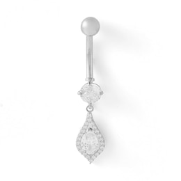 10K Solid White Gold CZ Teardrop Dangle Belly Button Ring - 14G 3/8&quot;