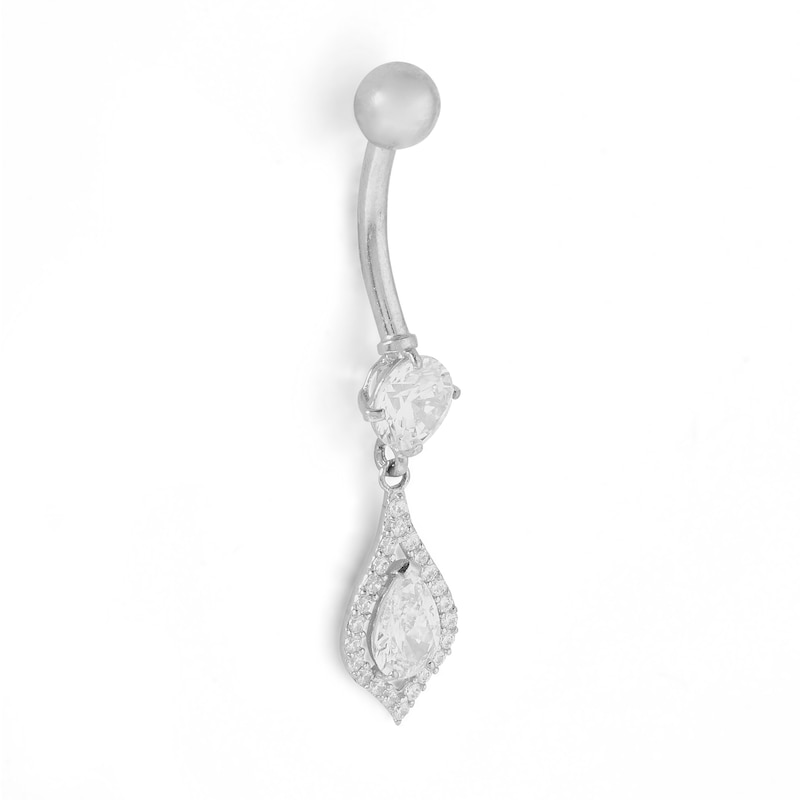 Main Image 2 of 10K Solid White Gold CZ Teardrop Dangle Belly Button Ring - 14G 3/8&quot;